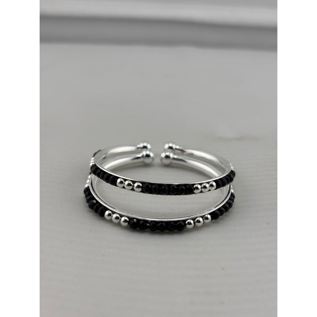 925 sterling silver kids bangle pair with black beads and polished silver accents