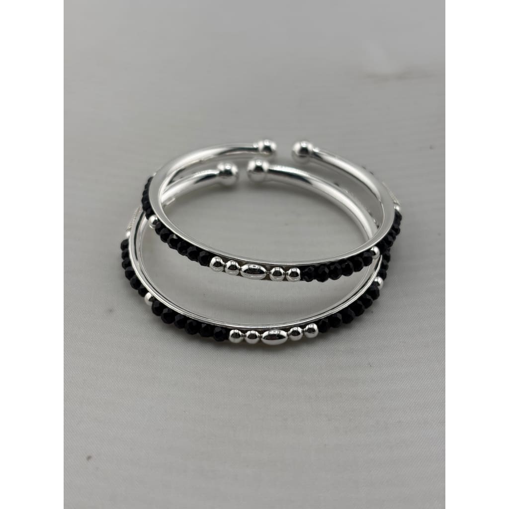 925 Sterling Silver Kids’ Black Bead Open Bangle Pair