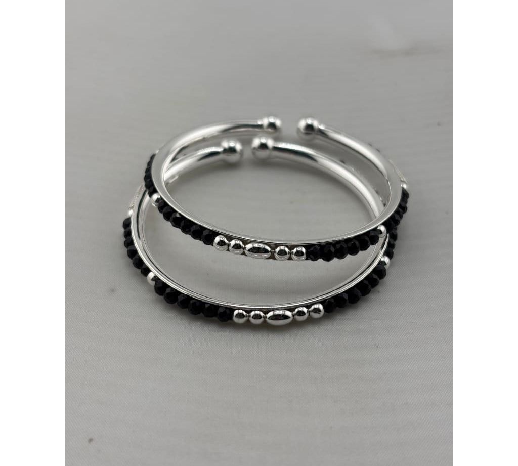 925 Sterling Silver Kids’ Black Bead Open Bangle Pair