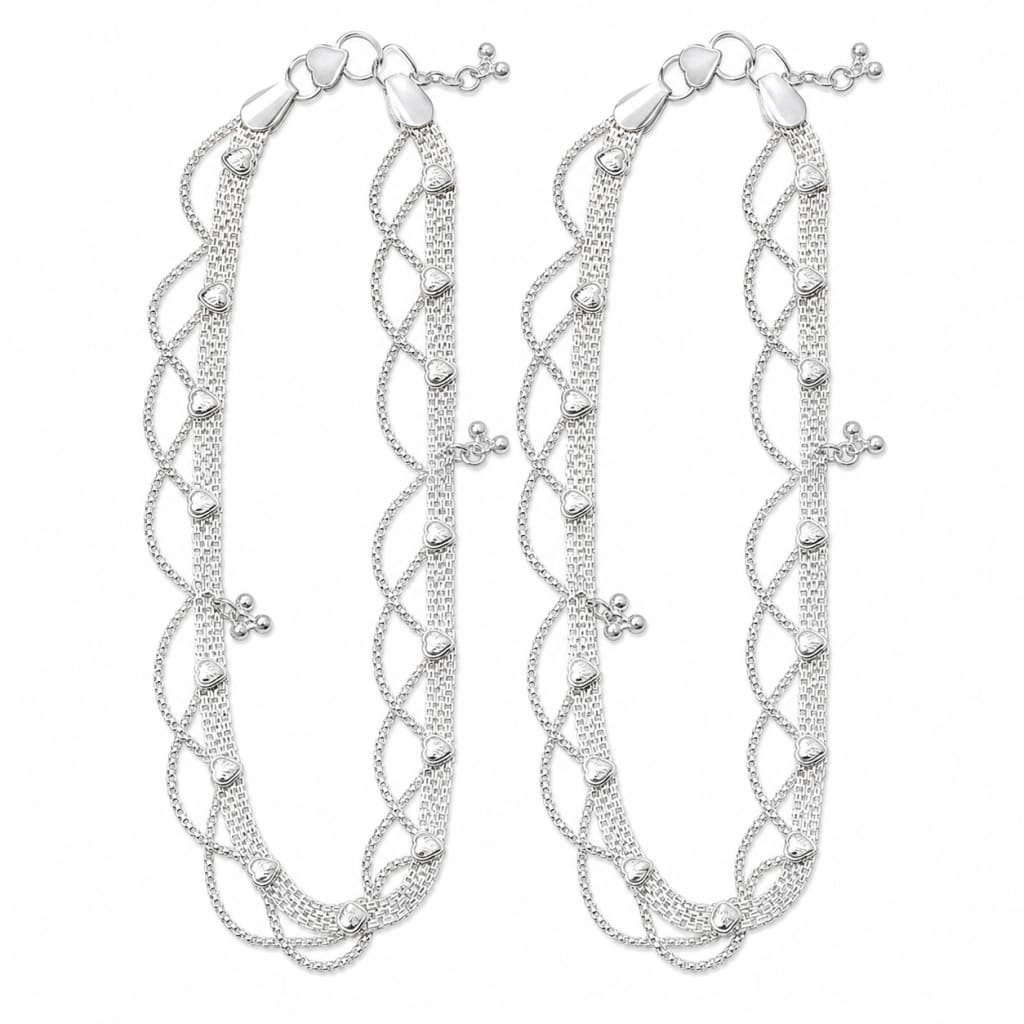 925 sterling silver layered heart anklet pair on pure white background