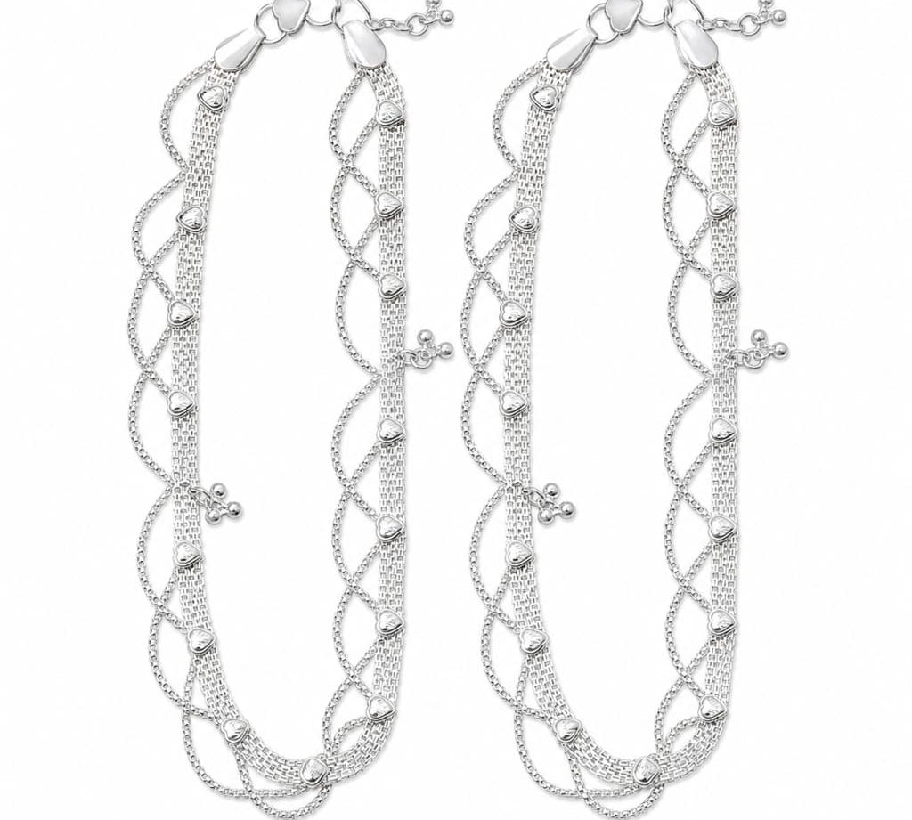 925 sterling silver layered heart anklet pair on pure white background