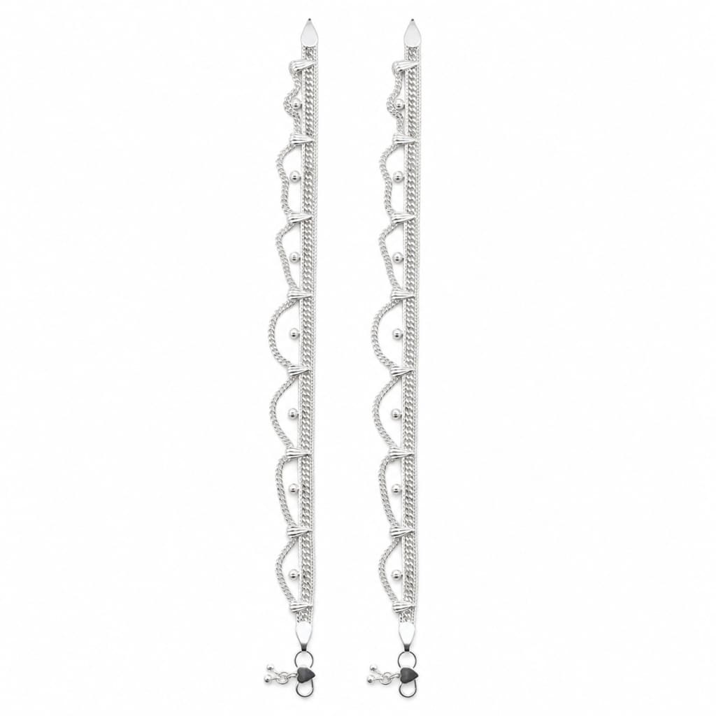 925 sterling silver layered wave chain adult anklet pair on white background