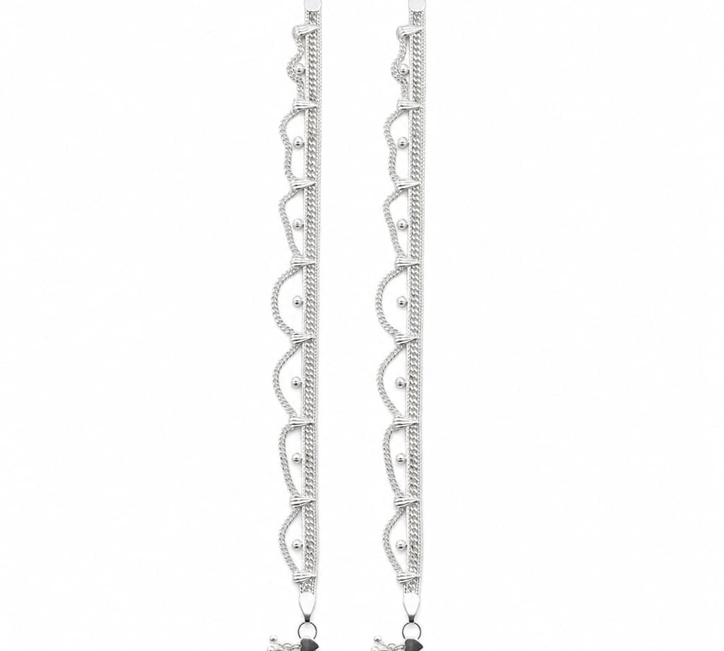 925 sterling silver layered wave chain adult anklet pair on white background