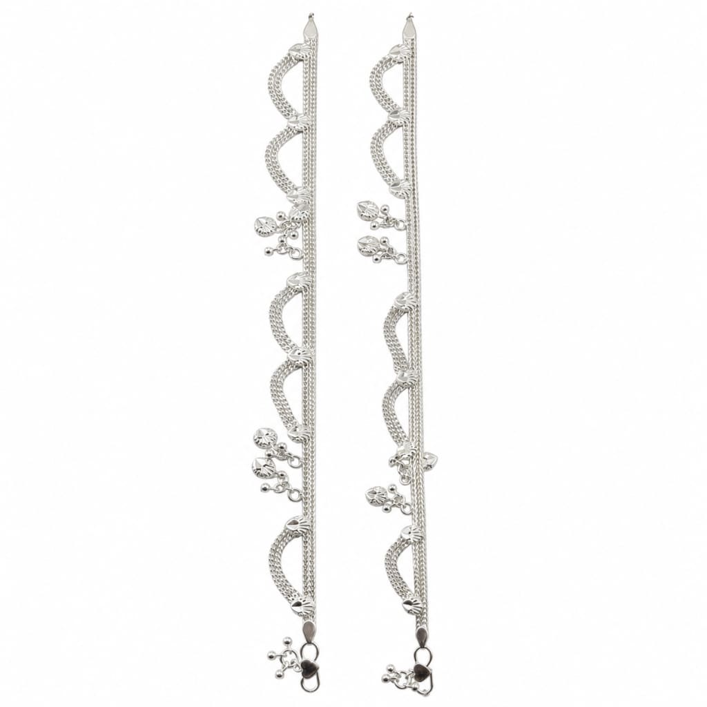 925 sterling silver leaf charm wave chain adult anklet pair on white background