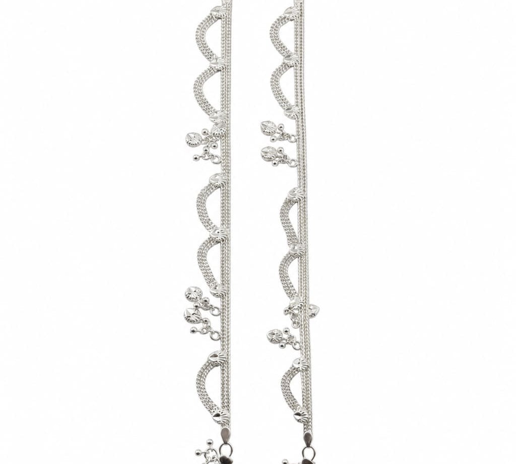 925 sterling silver leaf charm wave chain adult anklet pair on white background