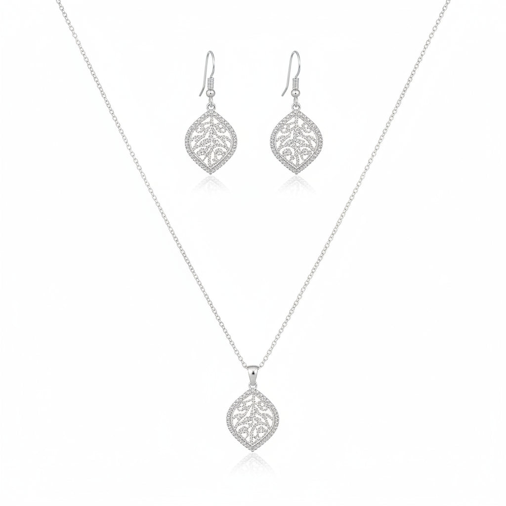 925 Sterling Silver Leaf Design Necklace and Drop Earrings