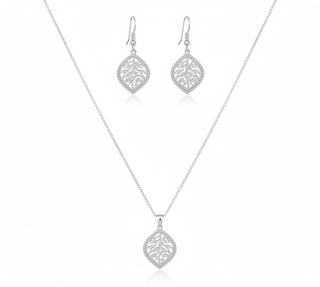 925 Sterling Silver Leaf Design Necklace and Drop Earrings