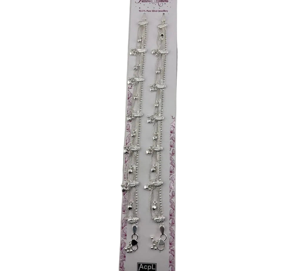 925 sterling silver multi-strand heart charm adult anklet pair in original packaging
