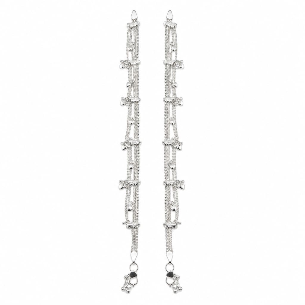 925 sterling silver multi-strand heart charm adult anklet pair, 38 grams