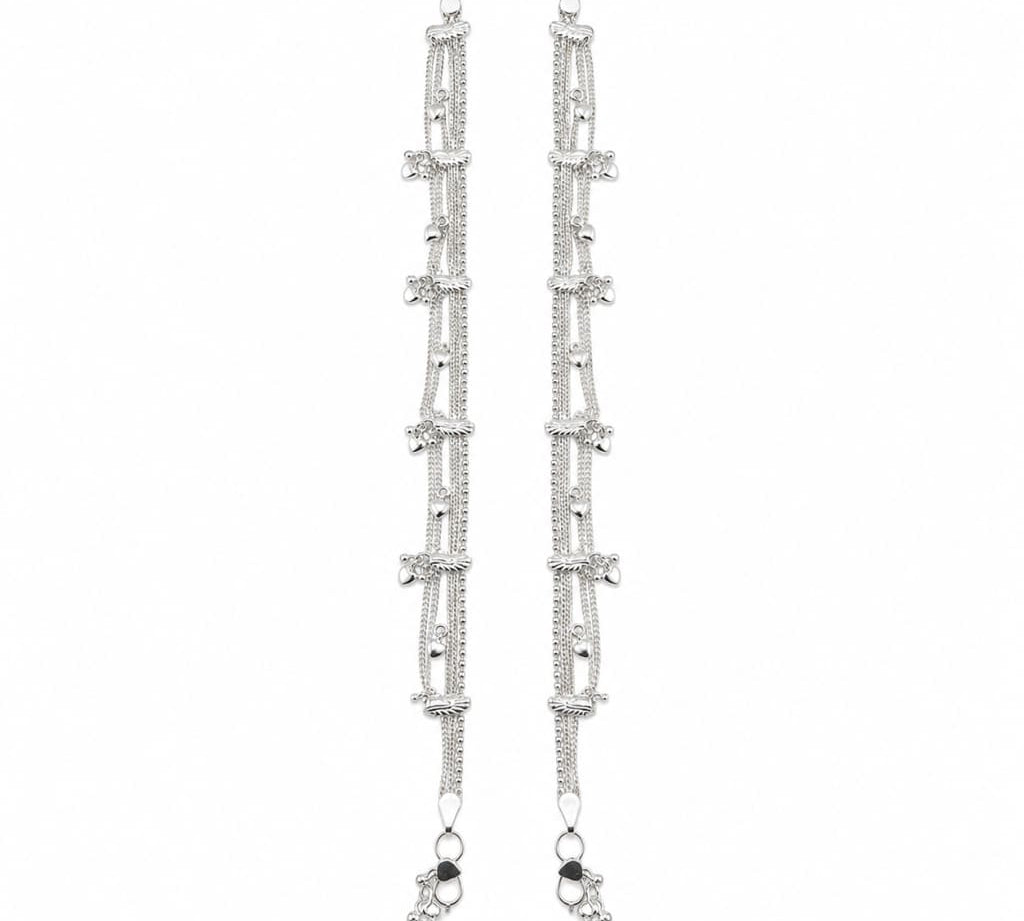 925 sterling silver multi-strand heart charm adult anklet pair, 38 grams