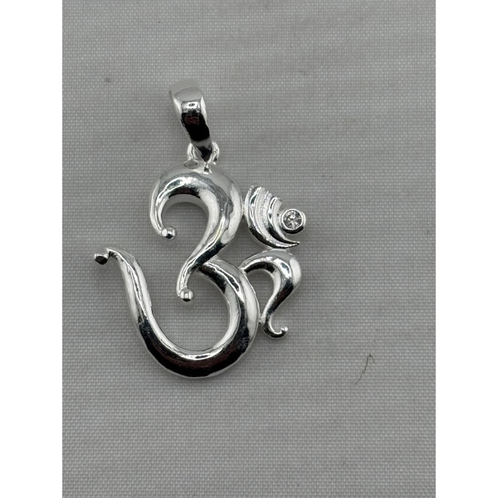 Polished 925 sterling silver Om pendant with crescent and clear crystal detail