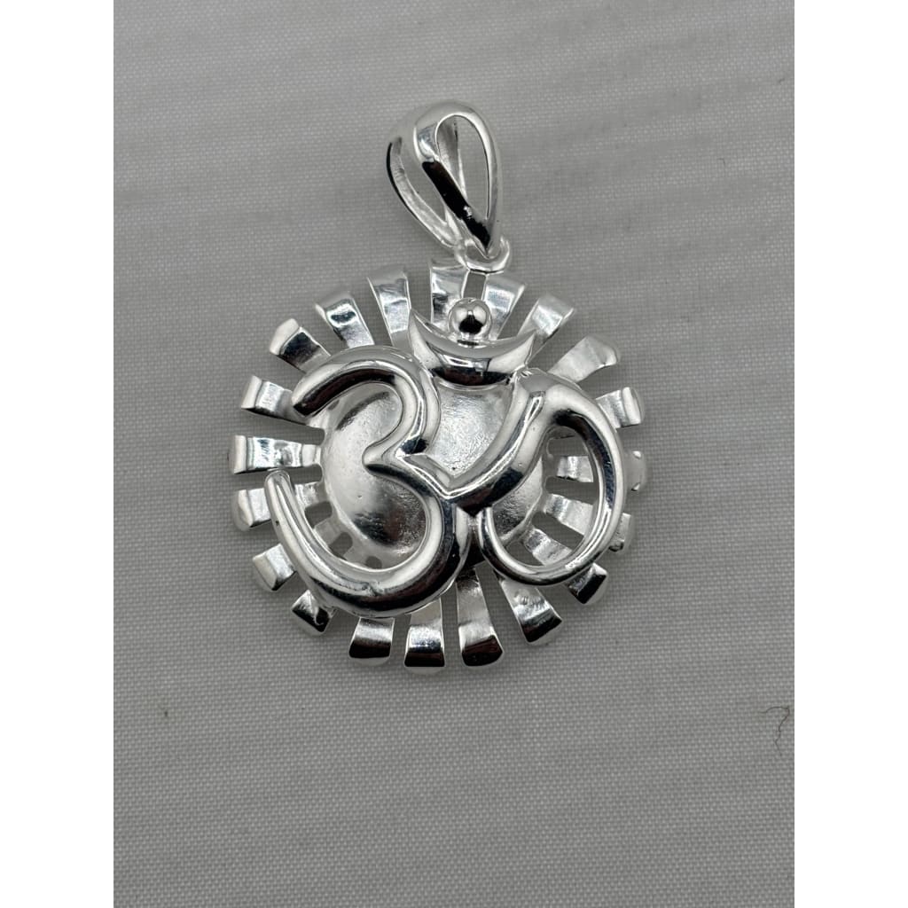 Polished 925 sterling silver Om pendant with radiant openwork frame and crescent accent