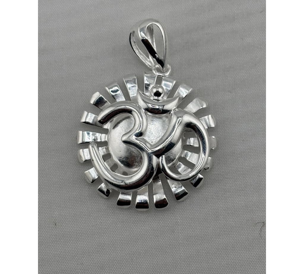 Polished 925 sterling silver Om pendant with radiant openwork frame and crescent accent