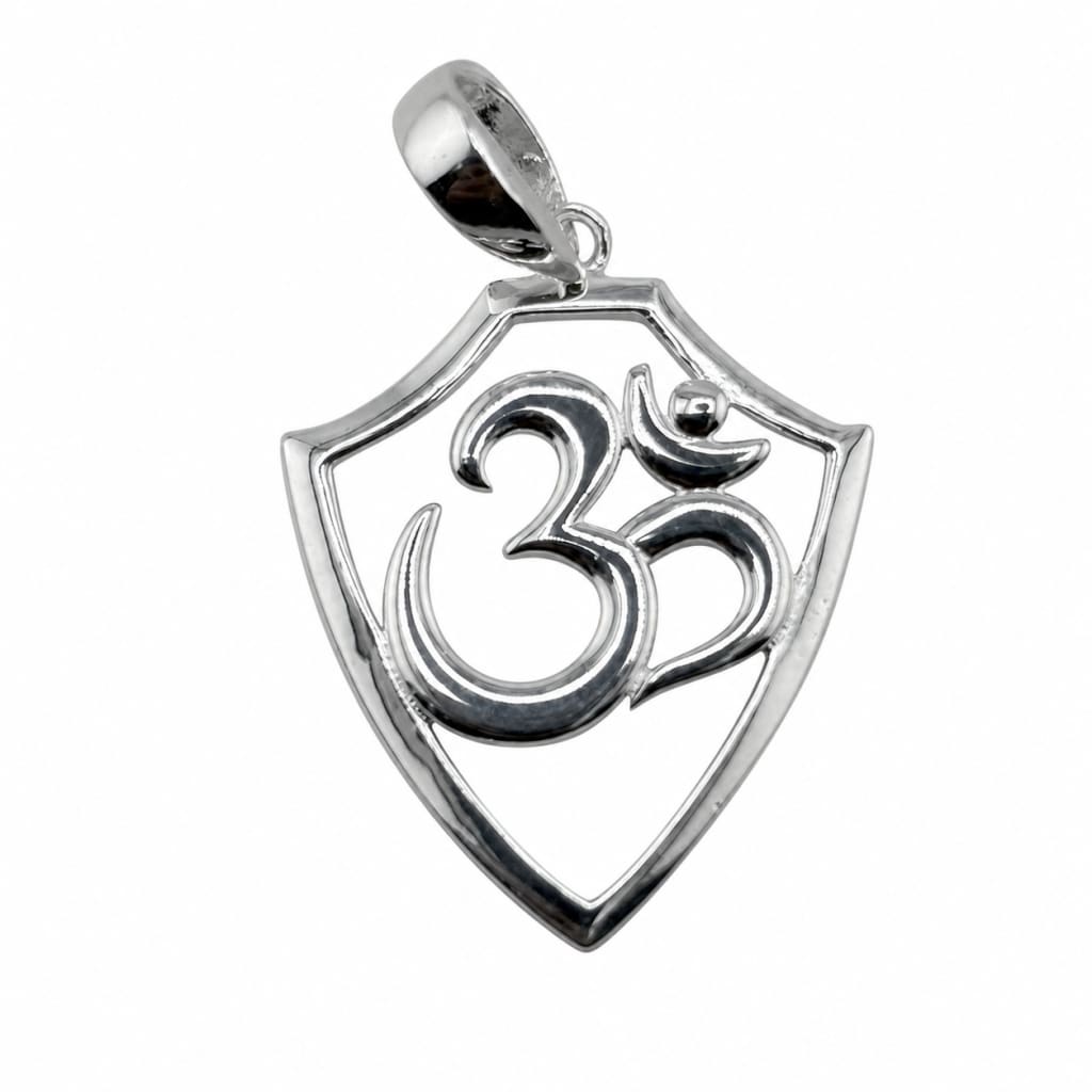 925 sterling silver Om shield pendant centred on a pure white background