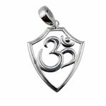 925 sterling silver Om shield pendant centred on a pure white background