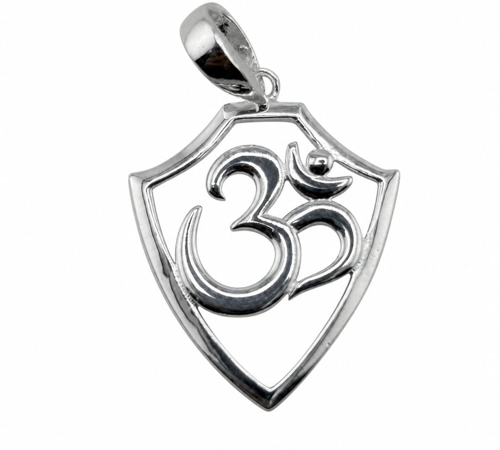 925 sterling silver Om shield pendant centred on a pure white background