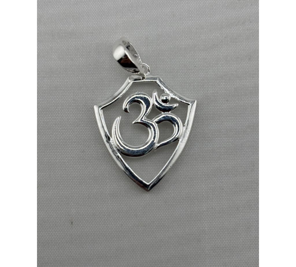 Close-up of a polished 925 sterling silver Om pendant in a shield-shaped frame