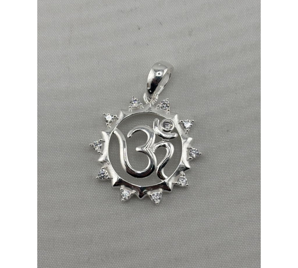 925 sterling silver Om pendant in a sunburst frame with clear crystal accents