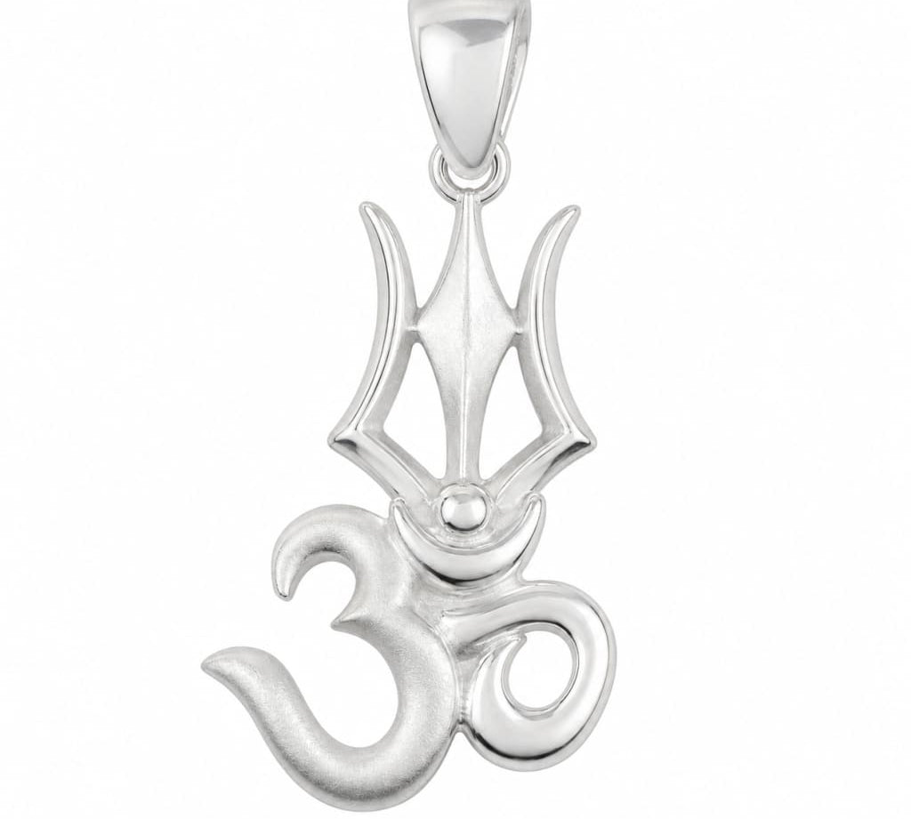 925 sterling silver Om and trishul pendant centred on a pure white background