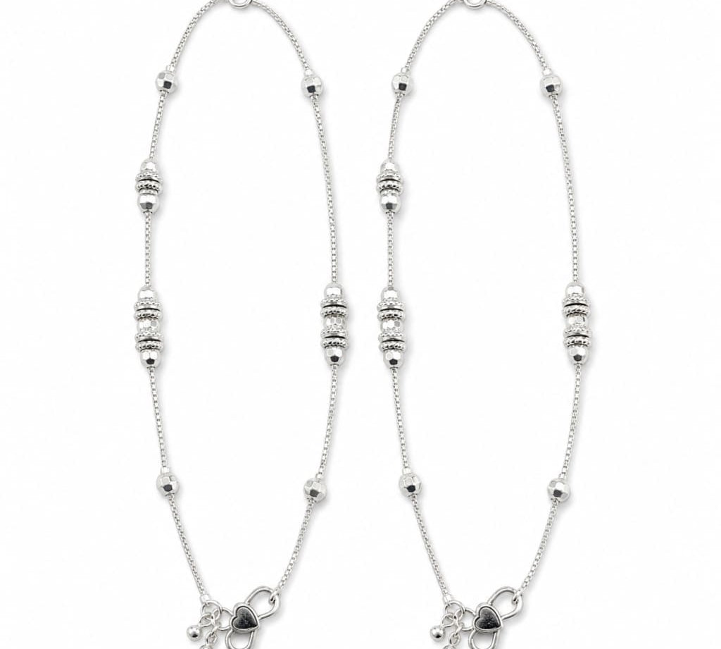 925 sterling silver ornate barrel bead kids anklet pair on white background