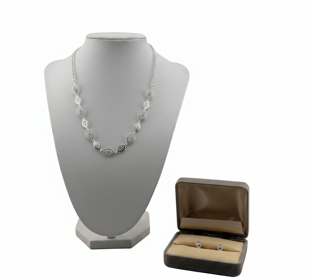 925 Sterling Silver Oval CZ Link Necklace and Earrings Set