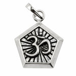 Oxidised 925 sterling silver Om pentagon pendant centred on a pure white background