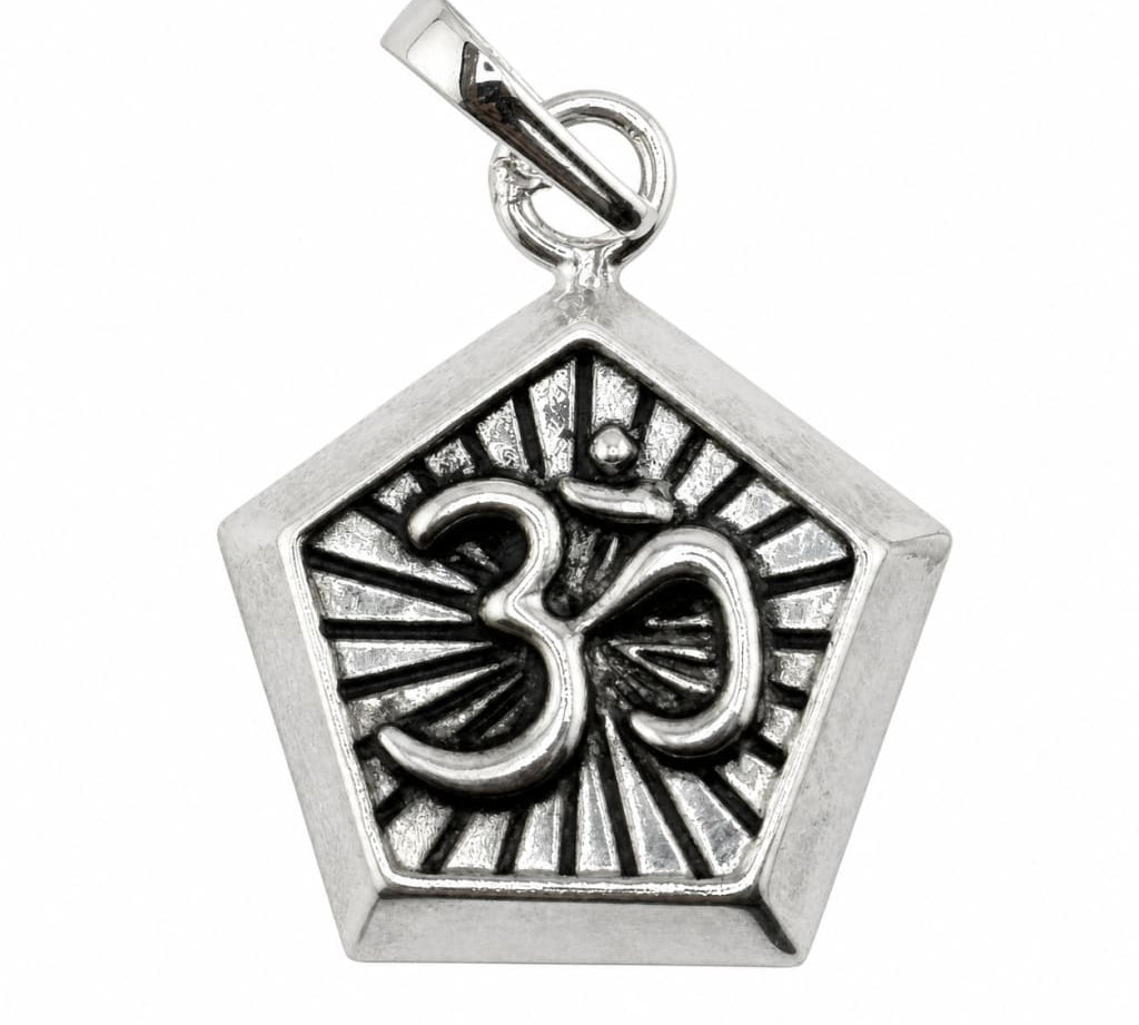 Oxidised 925 sterling silver Om pentagon pendant centred on a pure white background