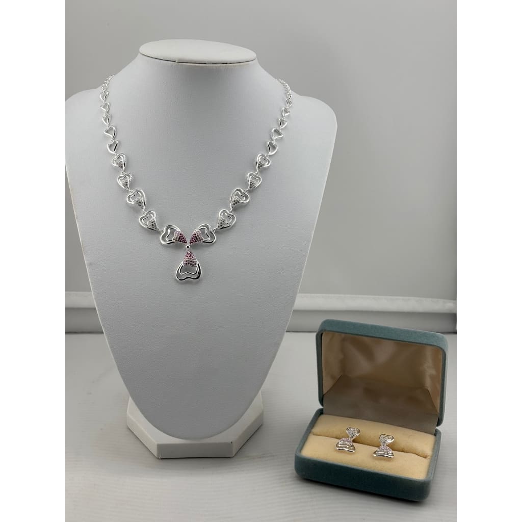 925 Sterling Silver Pink CZ Heart Necklace & Earrings Set –