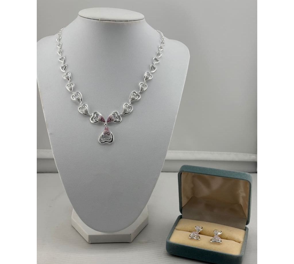 925 Sterling Silver Pink CZ Heart Necklace & Earrings Set –