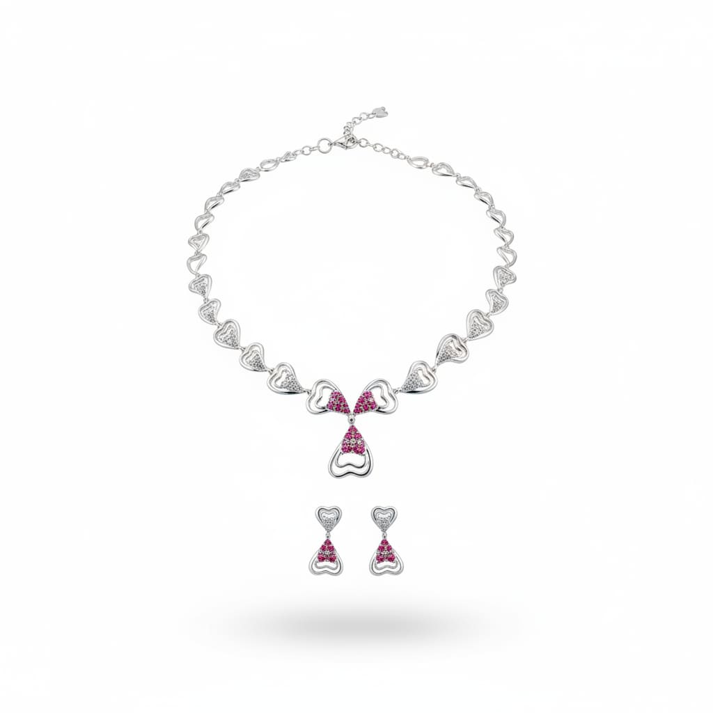 925 Sterling Silver Pink CZ Heart Necklace & Earrings Set –