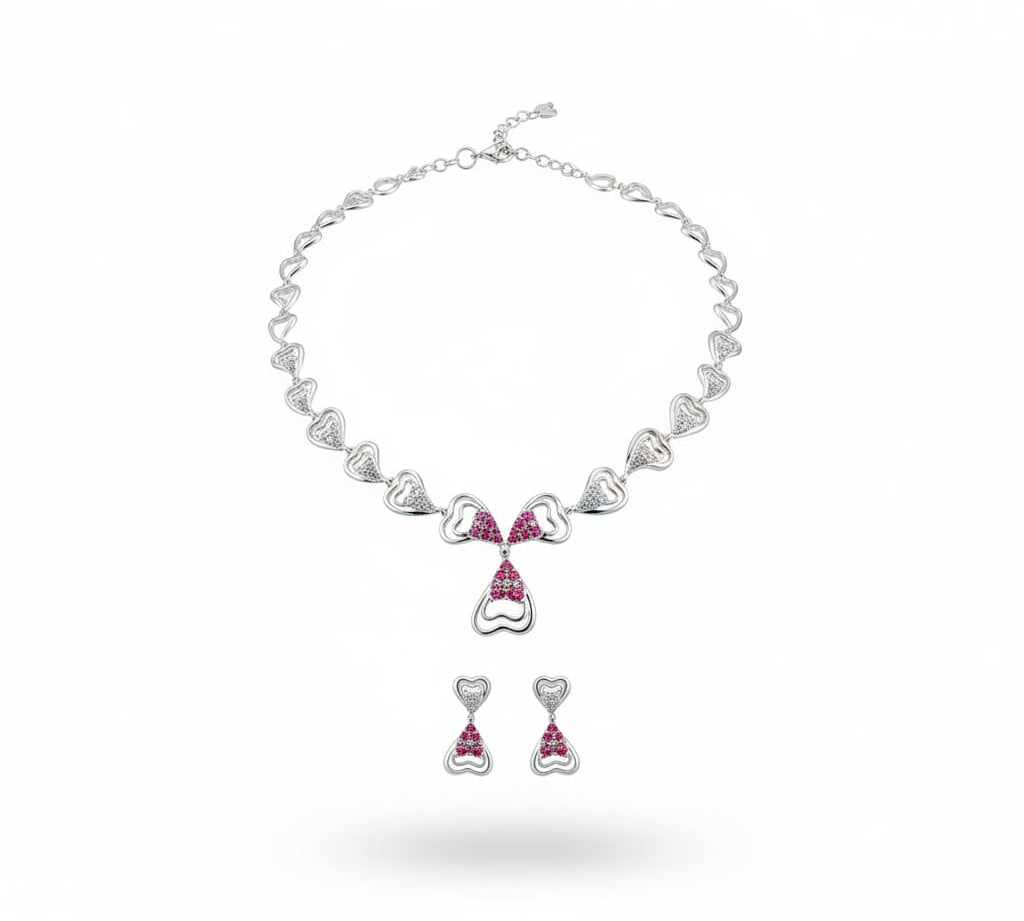 925 Sterling Silver Pink CZ Heart Necklace & Earrings Set –