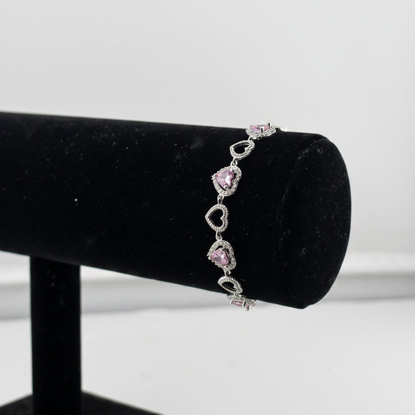 925 Sterling Silver Pink Heart CZ Bracelet | 8g