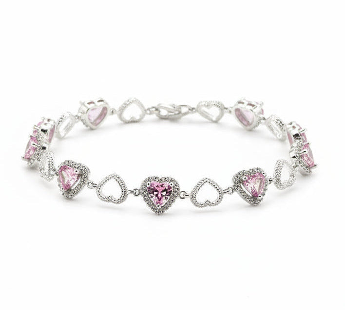 925 Sterling Silver Pink Heart CZ Bracelet | 8g