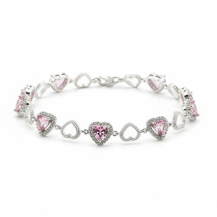 925 Sterling Silver Pink Heart CZ Bracelet | 8g