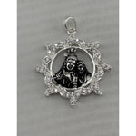 925 sterling silver Radha Krishna flute pendant with oxidised portrait and clear crystal floral frame