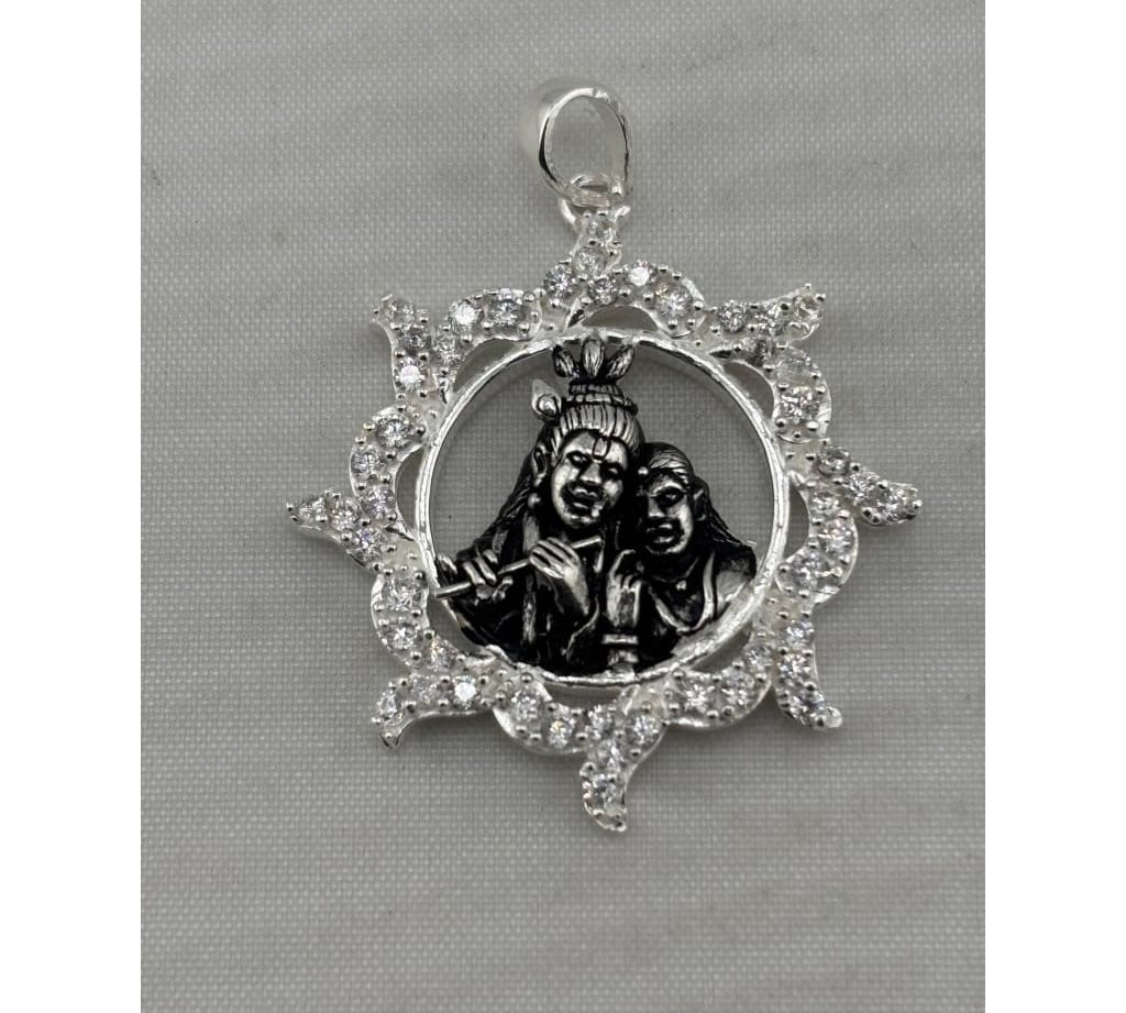 925 sterling silver Radha Krishna flute pendant with oxidised portrait and clear crystal floral frame