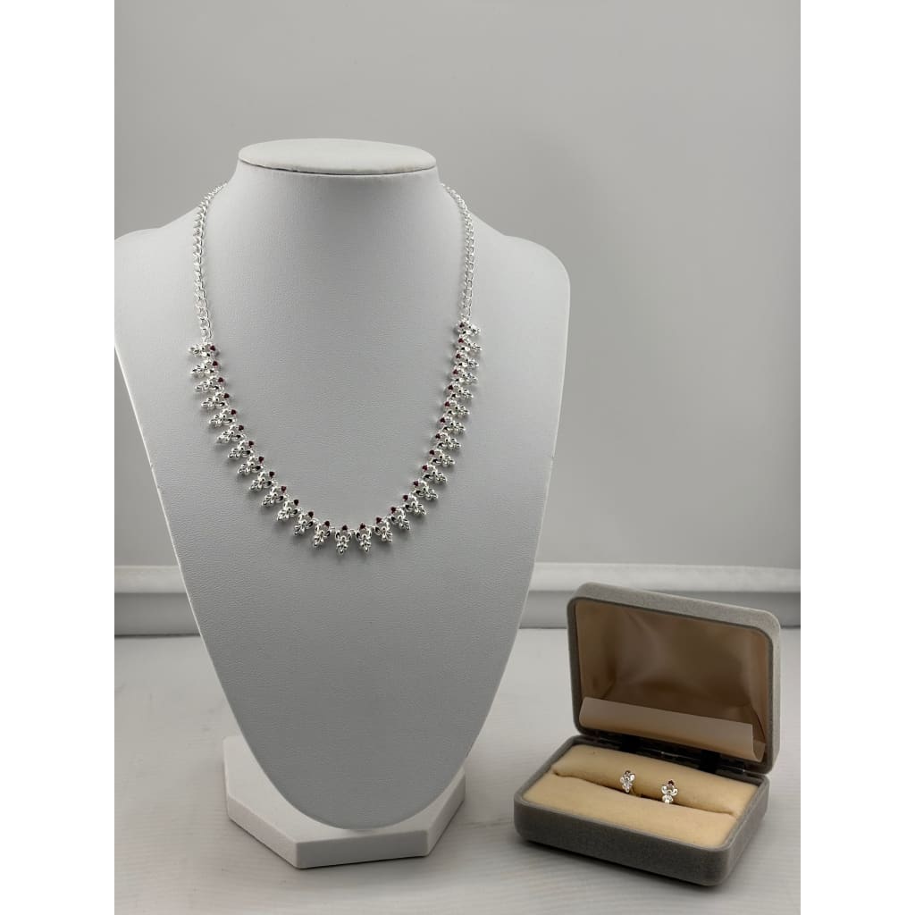 925 Sterling Silver Red Stone Floral Necklace and Earrings