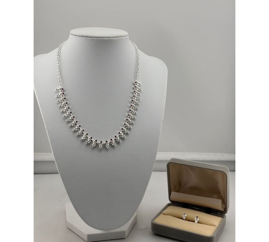 925 Sterling Silver Red Stone Floral Necklace and Earrings