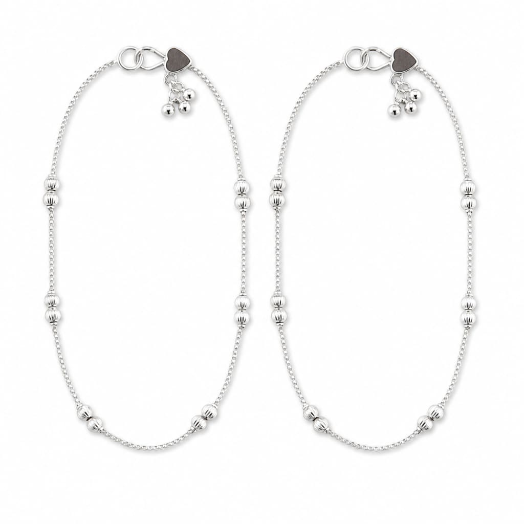 Pair of 925 sterling silver ribbed bead kids anklets on white background