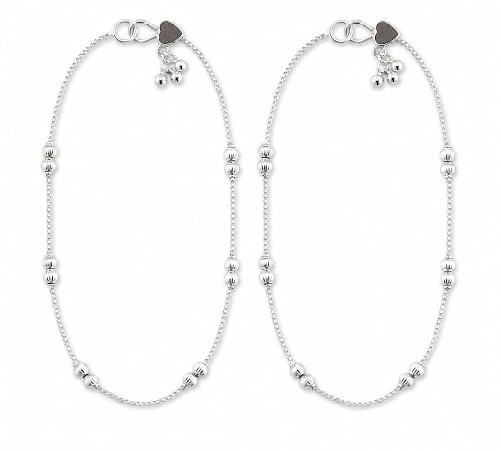 Pair of 925 sterling silver ribbed bead kids anklets on white background