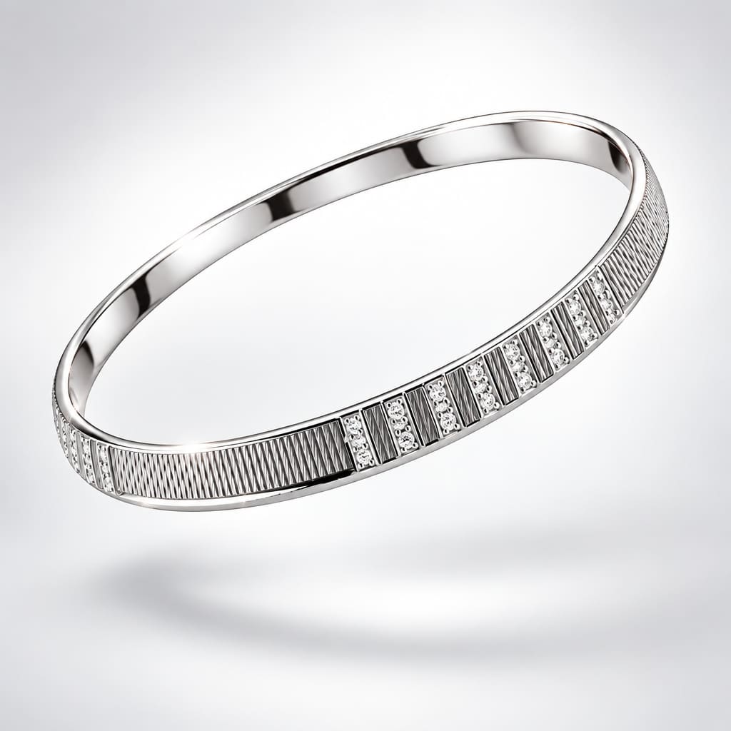 925 Sterling Silver Ribbed Chain Accent Bangle/Kada