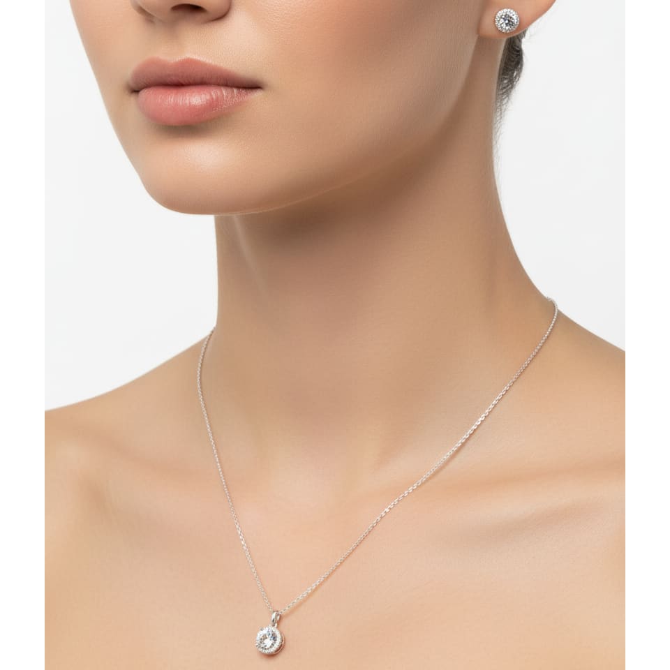 925 Sterling Silver Round Halo CZ Pendant and Earrings Set