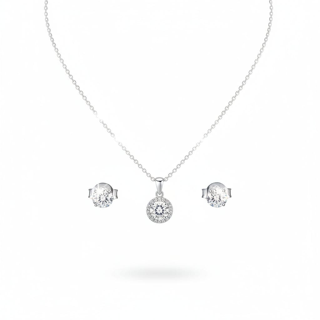 925 Sterling Silver Round Halo CZ Pendant and Earrings Set