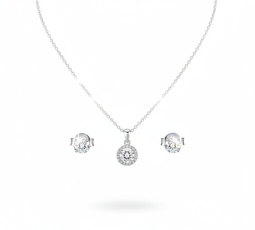 925 Sterling Silver Round Halo CZ Pendant and Earrings Set