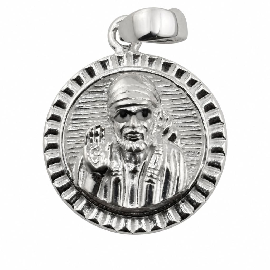 925 sterling silver round Sai Baba pendant on a pure white background