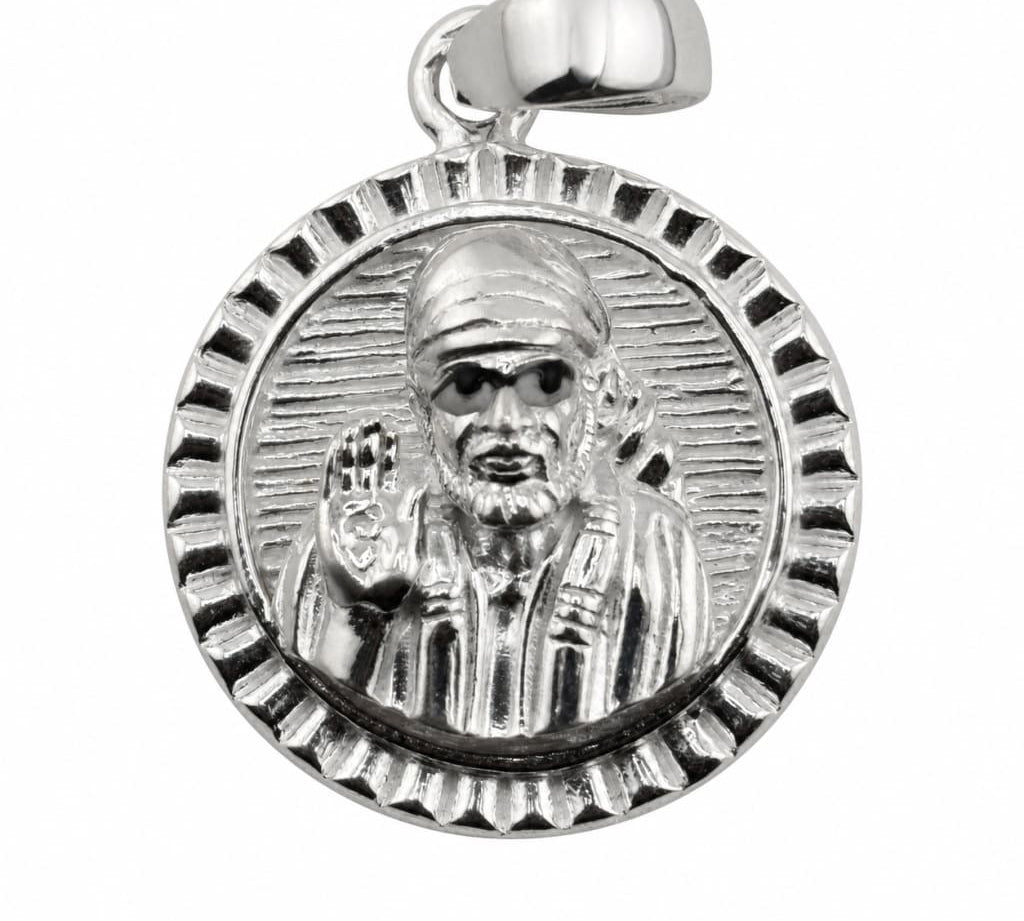 925 sterling silver round Sai Baba pendant on a pure white background