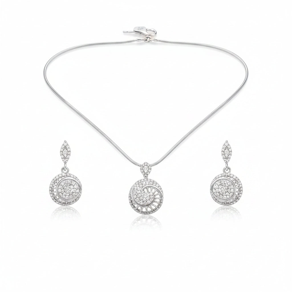 925 Sterling Silver Spiral CZ Necklace and Drop Earrings