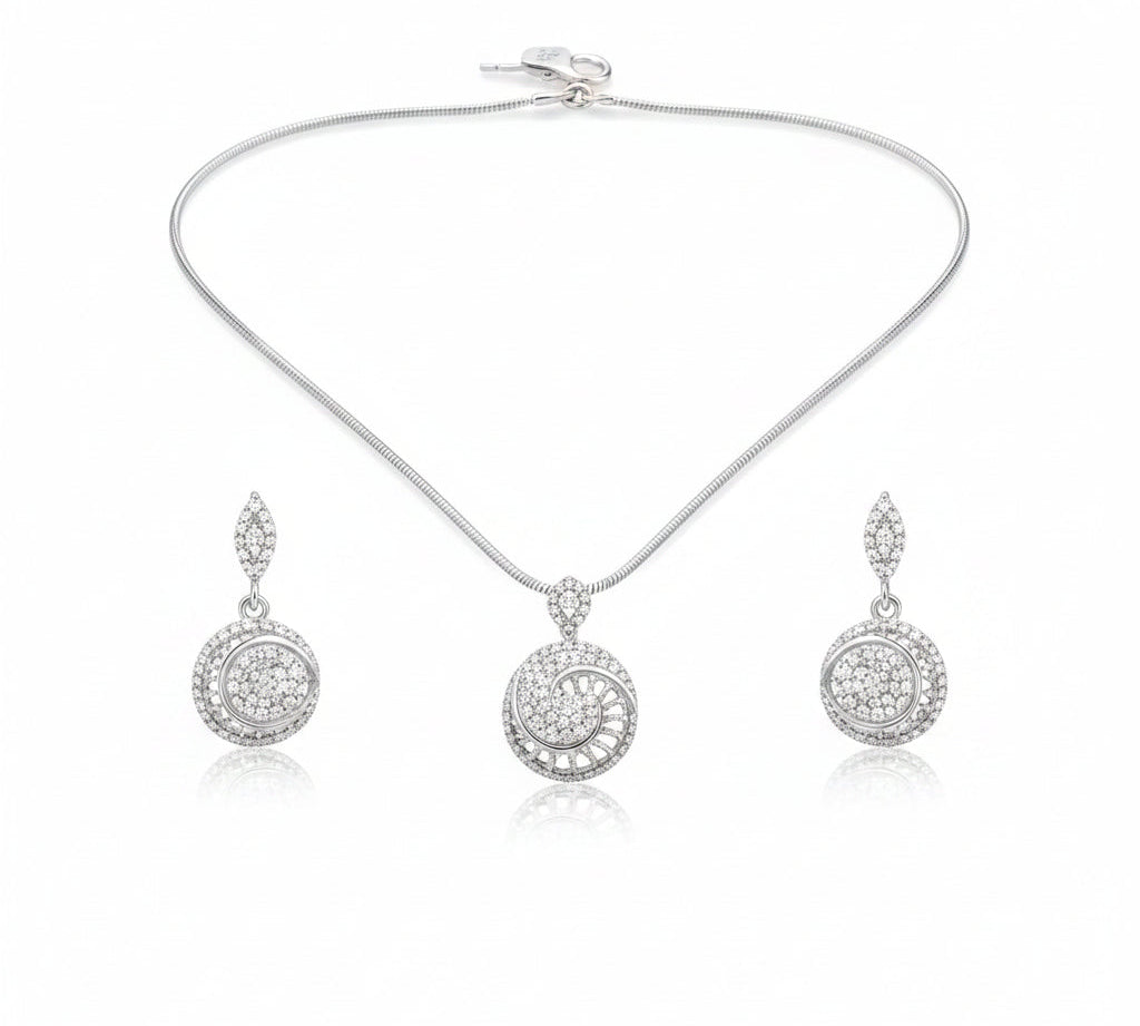 925 Sterling Silver Spiral CZ Necklace and Drop Earrings