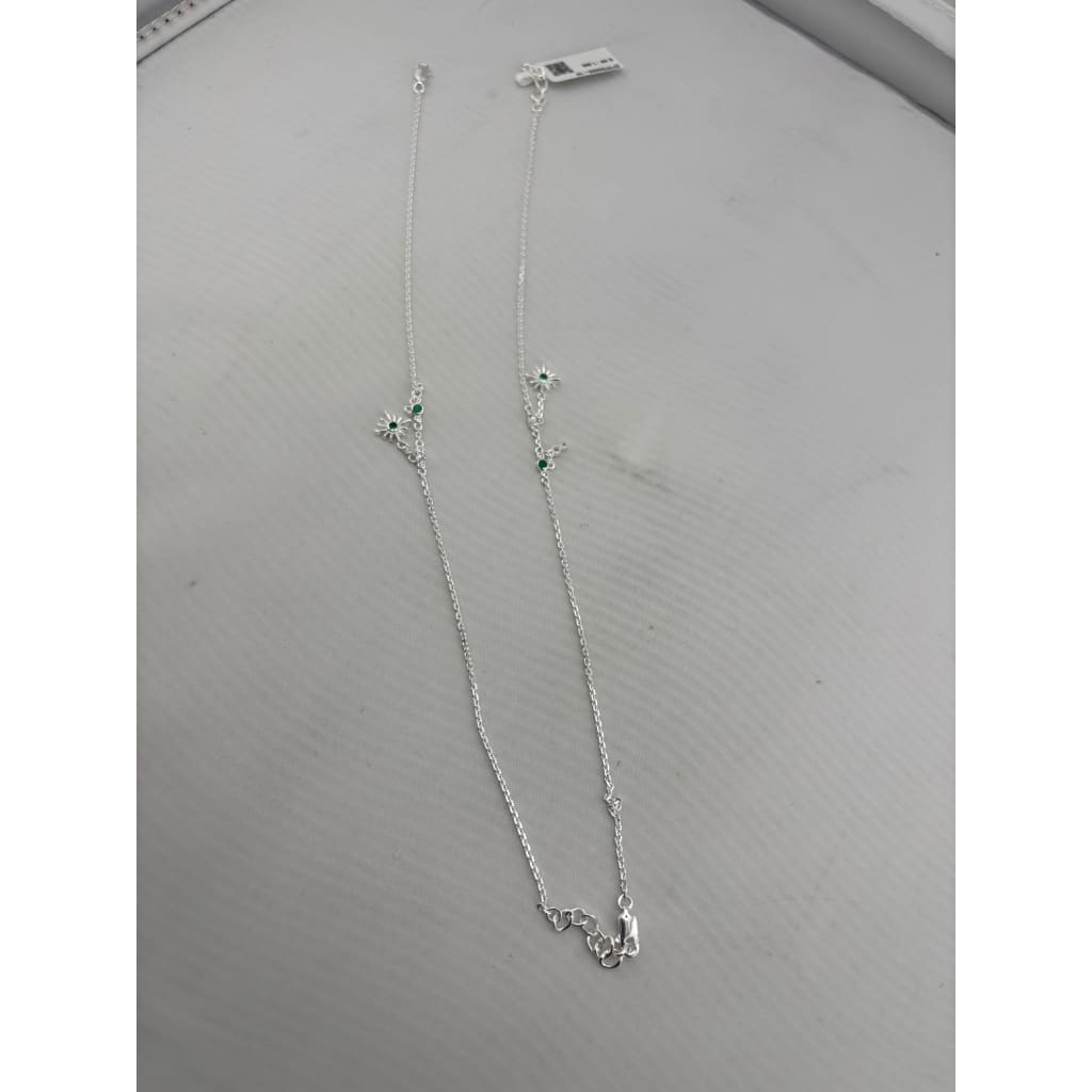 925 Sterling Silver Sunburst Charm Anklet with Green CZ