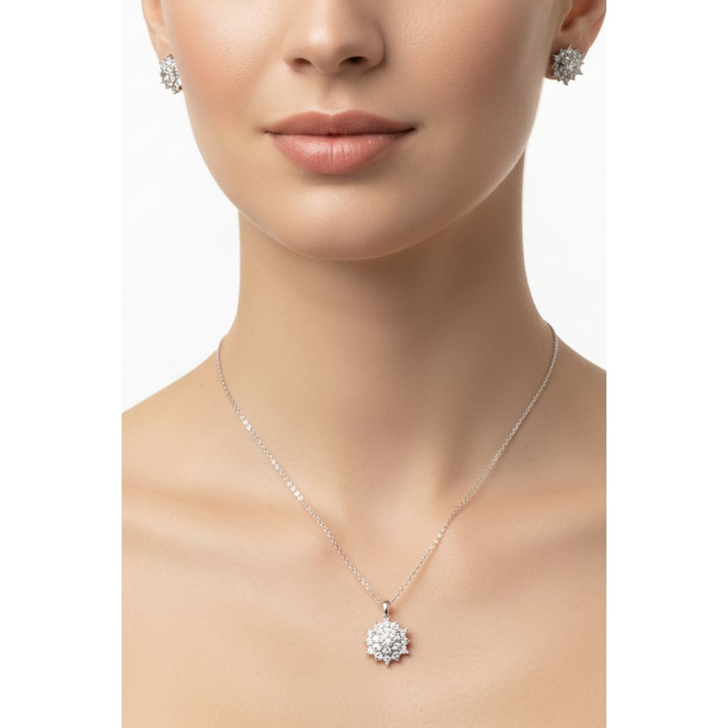 925 Sterling Silver Sunburst CZ Pendant and Earrings Set